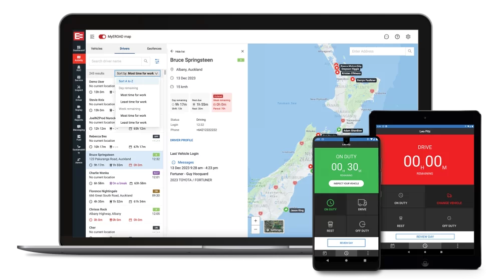 Webpage displayed on a laptop screen showing a map and additional vehicle information. In front are a mobile and a tablet displaying driver logbook hours.
